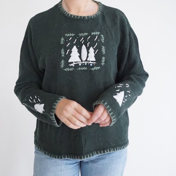 Vintage Christopher & Banks Green Hand-Embroidered Sweater Cabincore Winter L - Picture 2 of 10